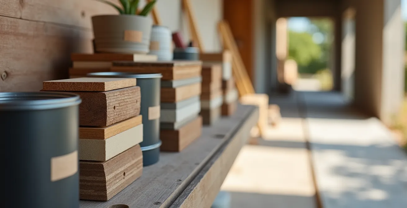 Materiales de construcción organizados sistemáticamente en zona designada