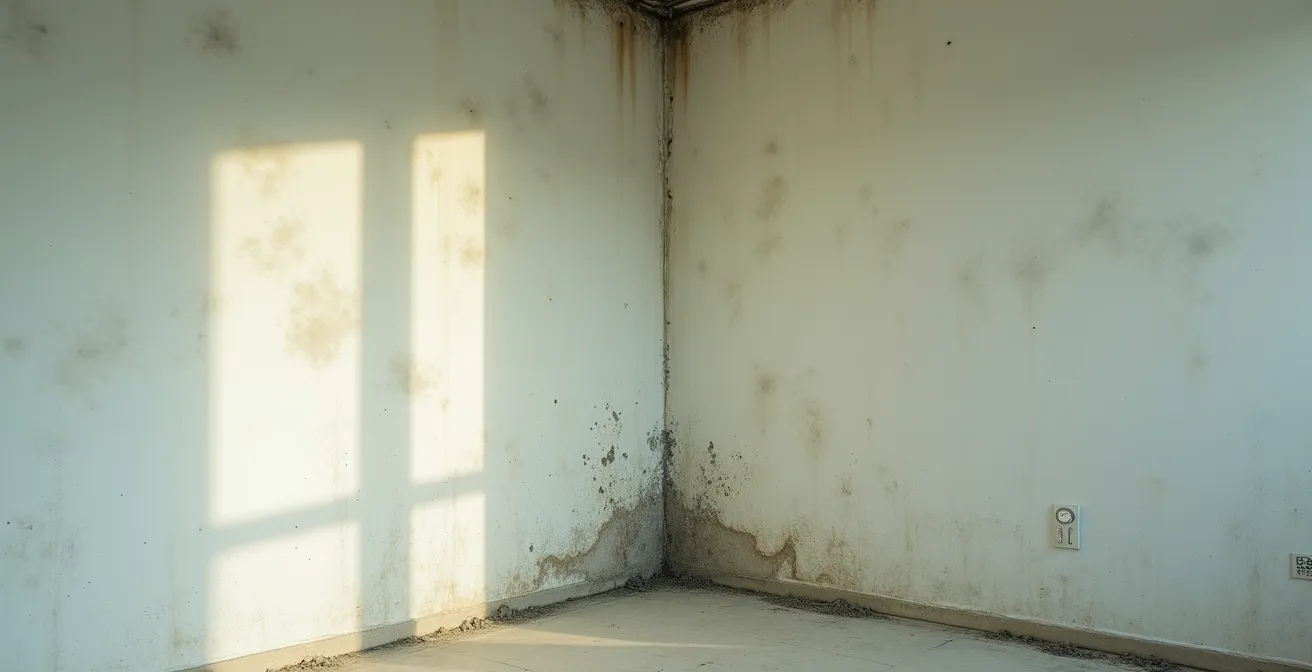 Vista amplia de esquina interior de habitación mostrando signos de condensación y humedad en la pared
