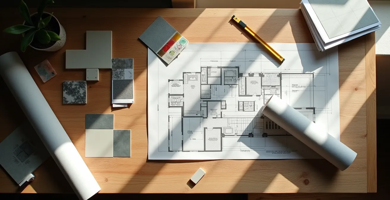 Mesa de trabajo con planos de reforma, muestras de materiales y calendario de planificación sin texto visible