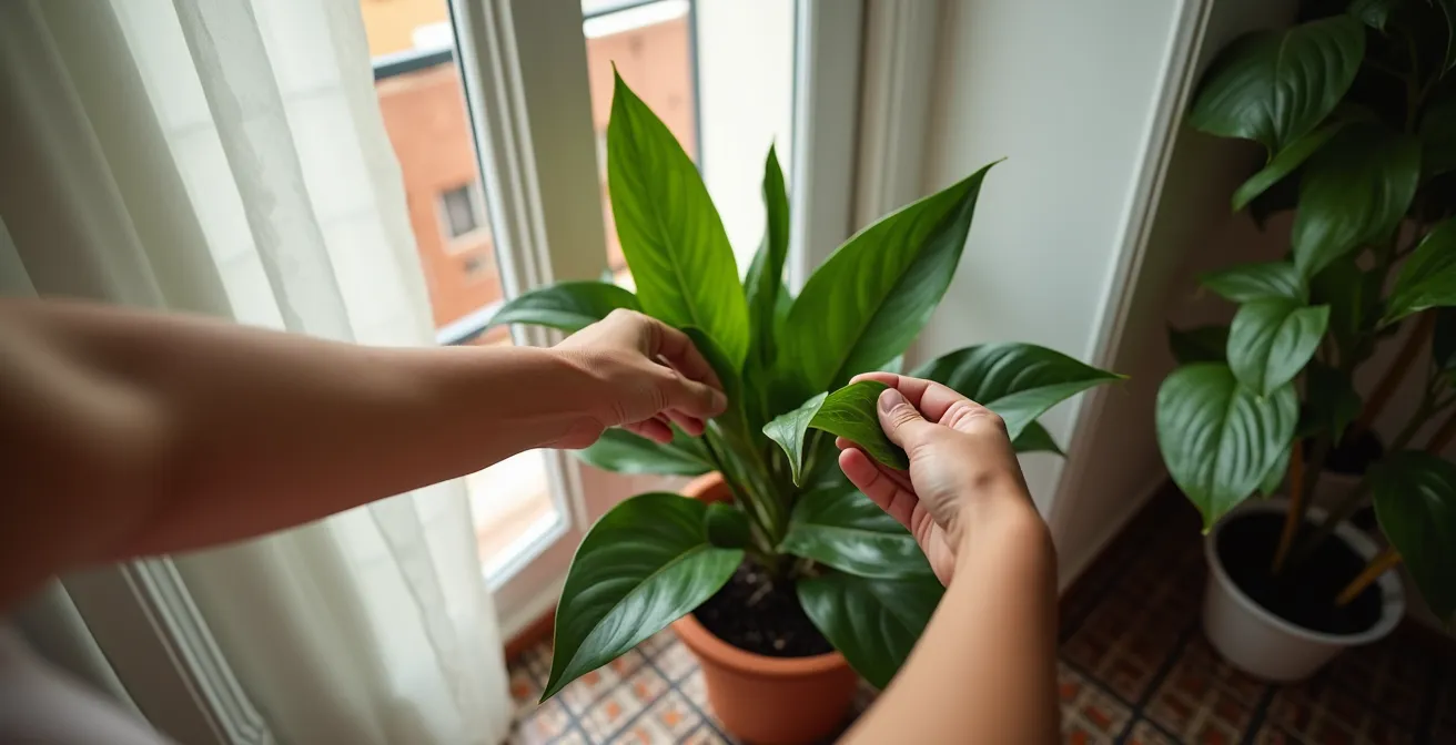 Interior de piso español con plantas adaptadas a poca luz y sistema de espejos para amplificar iluminación natural