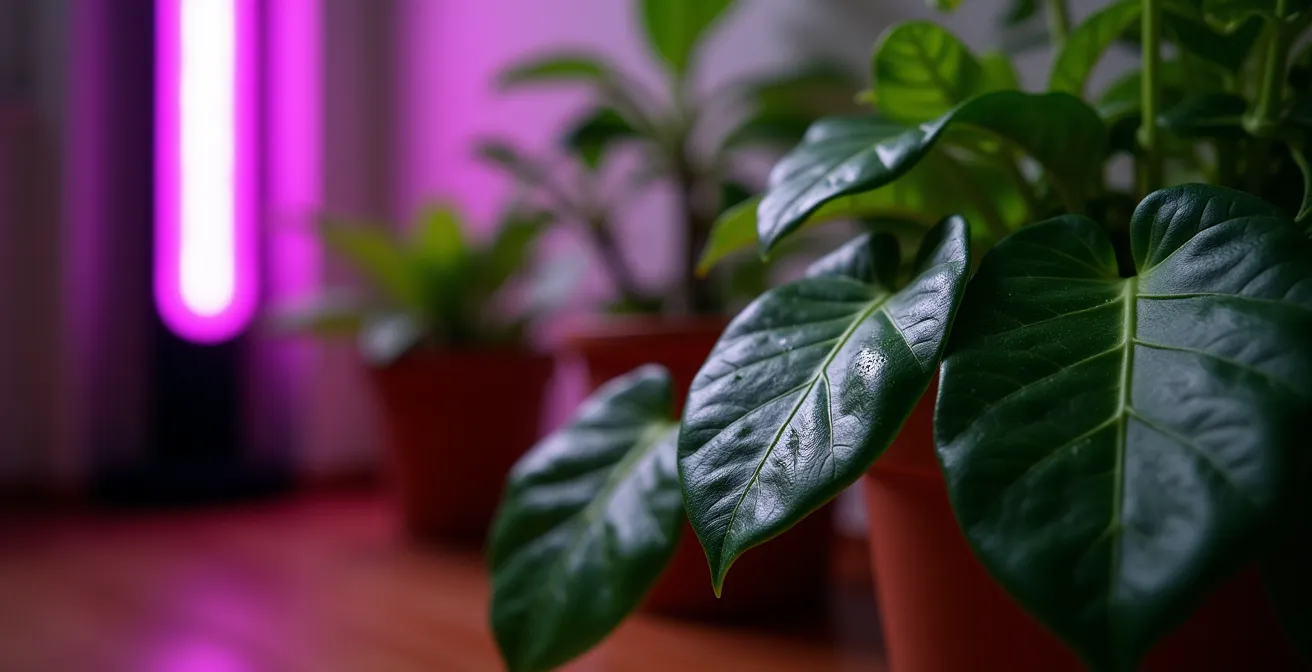 Rincón interior con plantas adaptadas a poca luz y lámpara de crecimiento