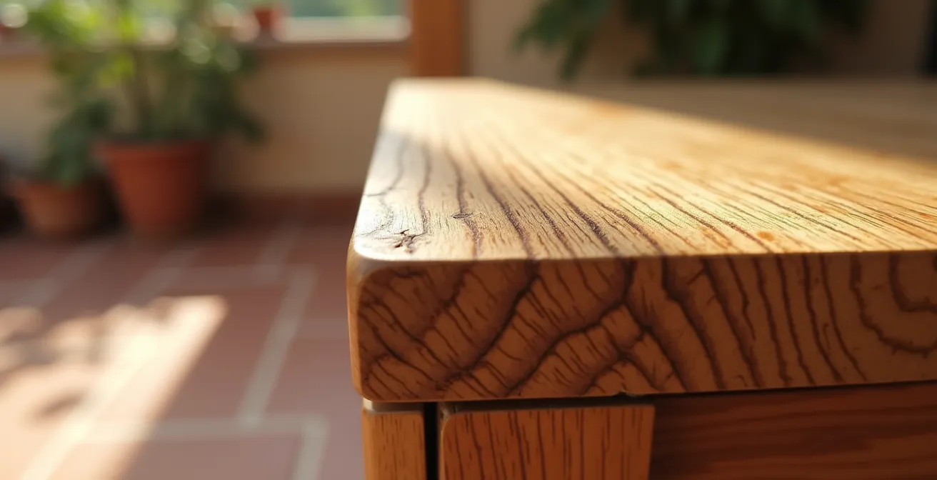 Detalle de canto de mueble mostrando continuidad de veta en madera maciza