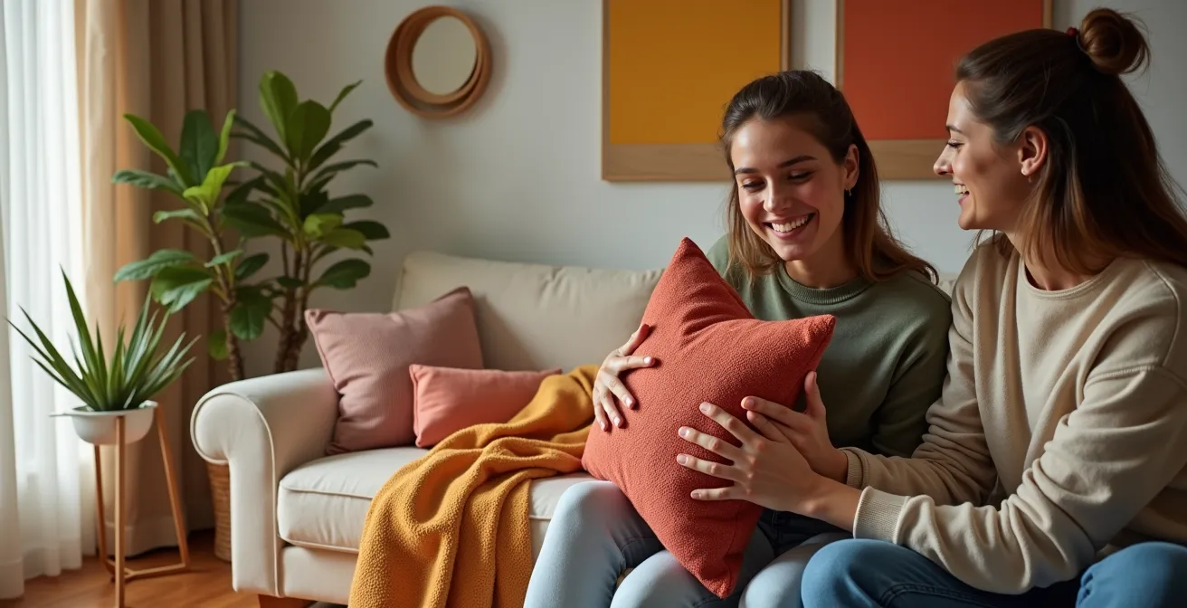 Salón moderno español mostrando la aplicación de la regla 60-30-10 con colores neutros y acentos de color