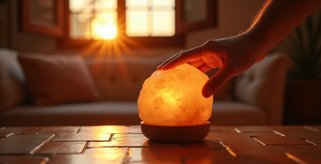 Mano encendiendo una lámpara de sal en un salón español con luz dorada del atardecer