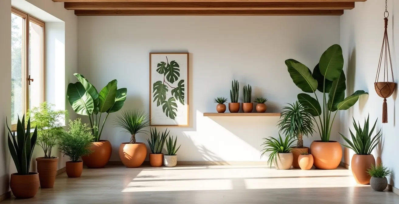 Salón español con plantas estratégicamente ubicadas siguiendo la regla del tercio natural