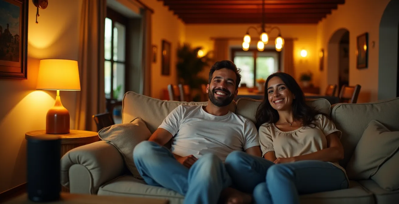 Salón español con diferentes escenas de iluminación circadiana programadas para la noche