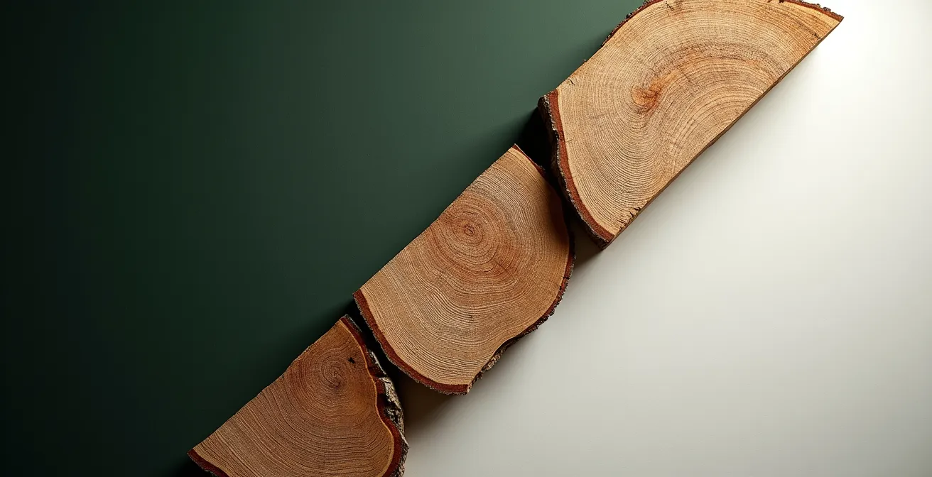 Composición comparativa mostrando sellos auténticos FSC, PEFC y Ecolabel en productos de madera certificada