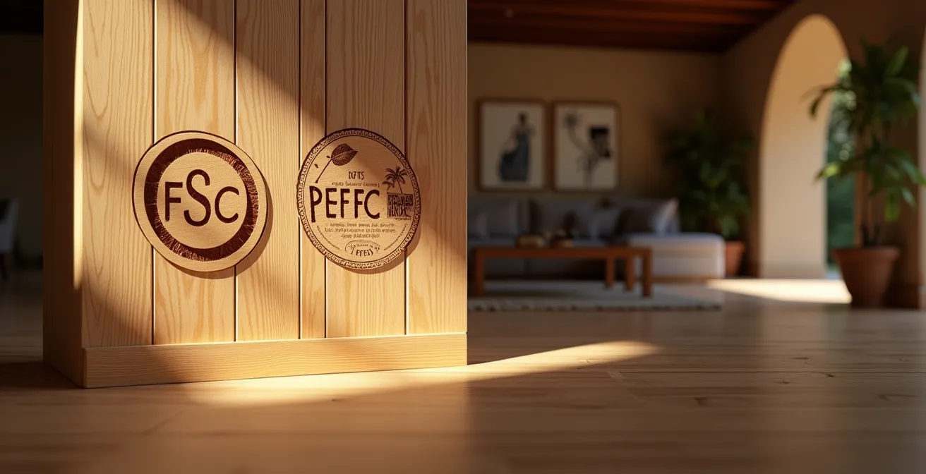 Comparación visual de sellos de certificación auténticos FSC y PEFC en muebles