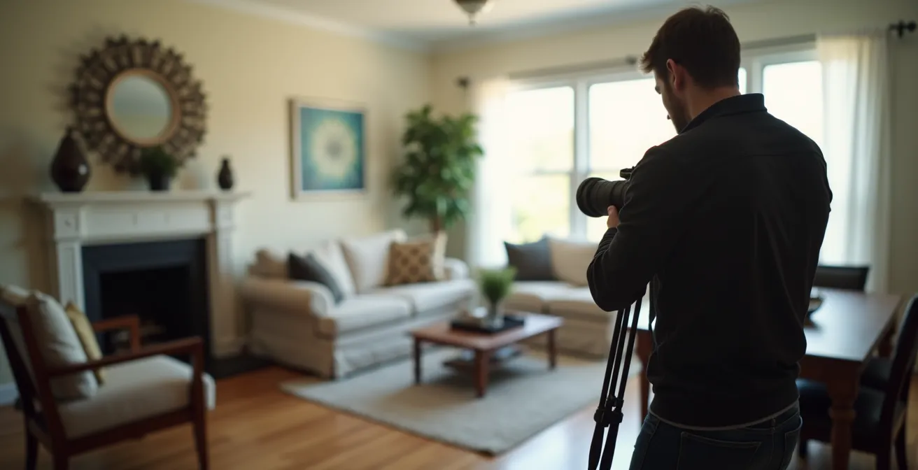 Fotógrafo profesional capturando imágenes de salón preparado con home staging