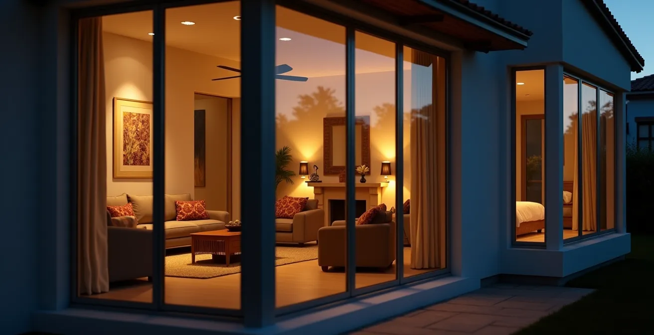 Interior de vivienda al atardecer mostrando diferentes zonas iluminadas con luz cálida simulando presencia natural