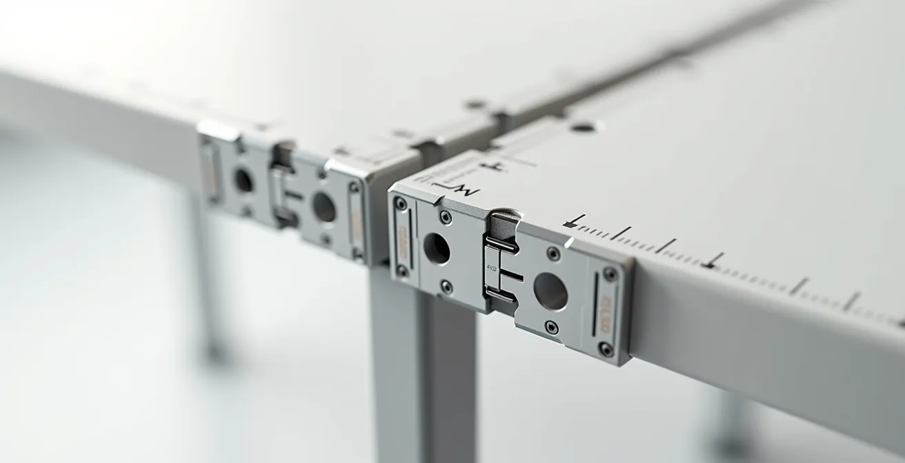 Vista macro detallada de conectores y sistemas de anclaje de muebles modulares mostrando dimensiones críticas