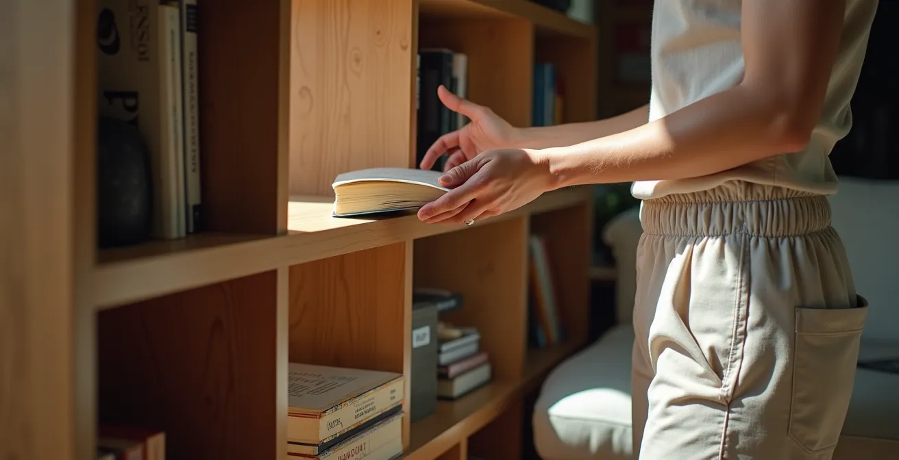 Sofá de diseño español junto a librería artesanal de madera maciza en salón luminoso