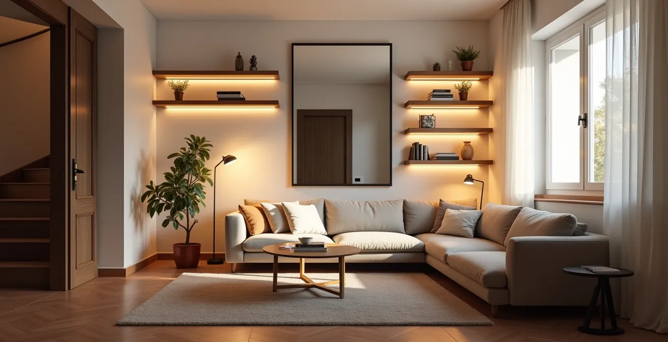 Salón de piso de alquiler español con soluciones de iluminación temporales y efectivas como tiras LED y lámparas de pie.