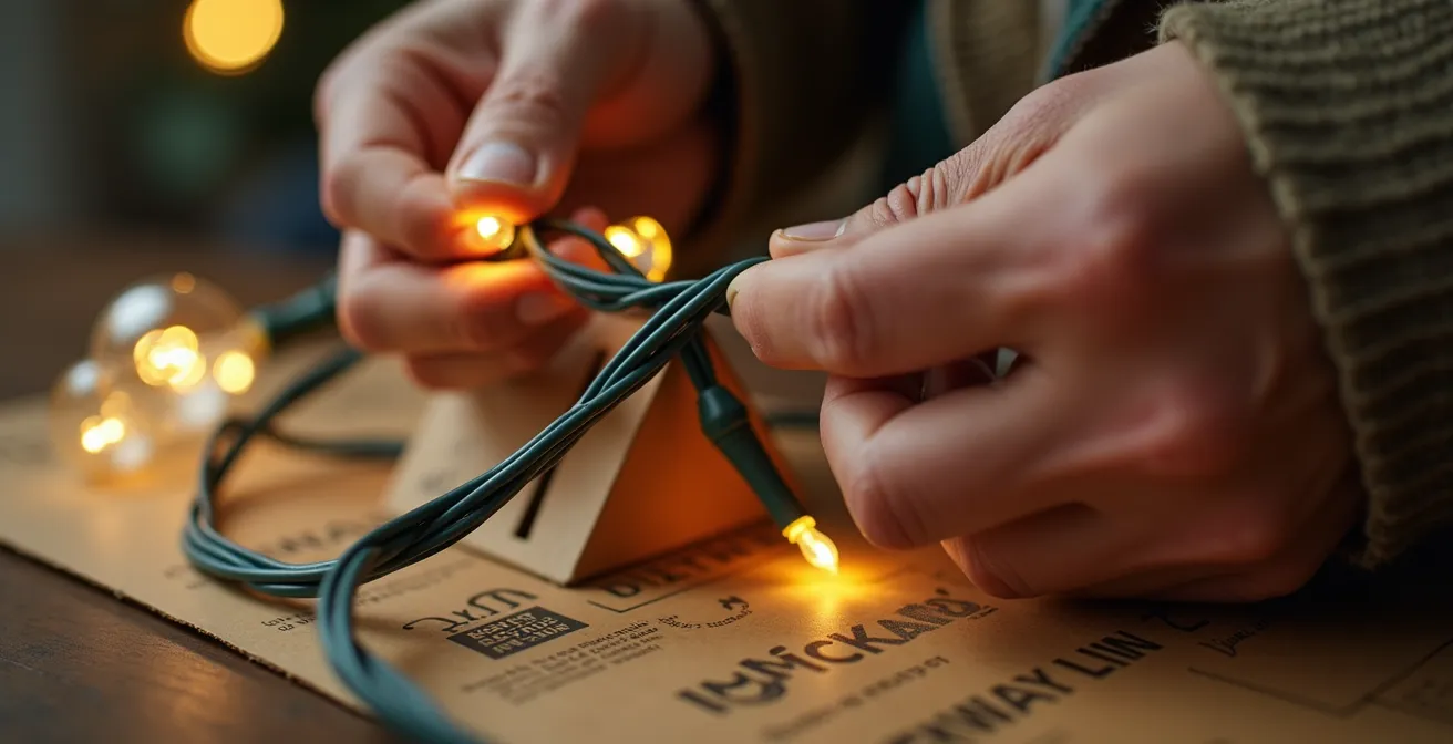Manos enrollando guirnalda de luces en cartón organizador con técnica profesional