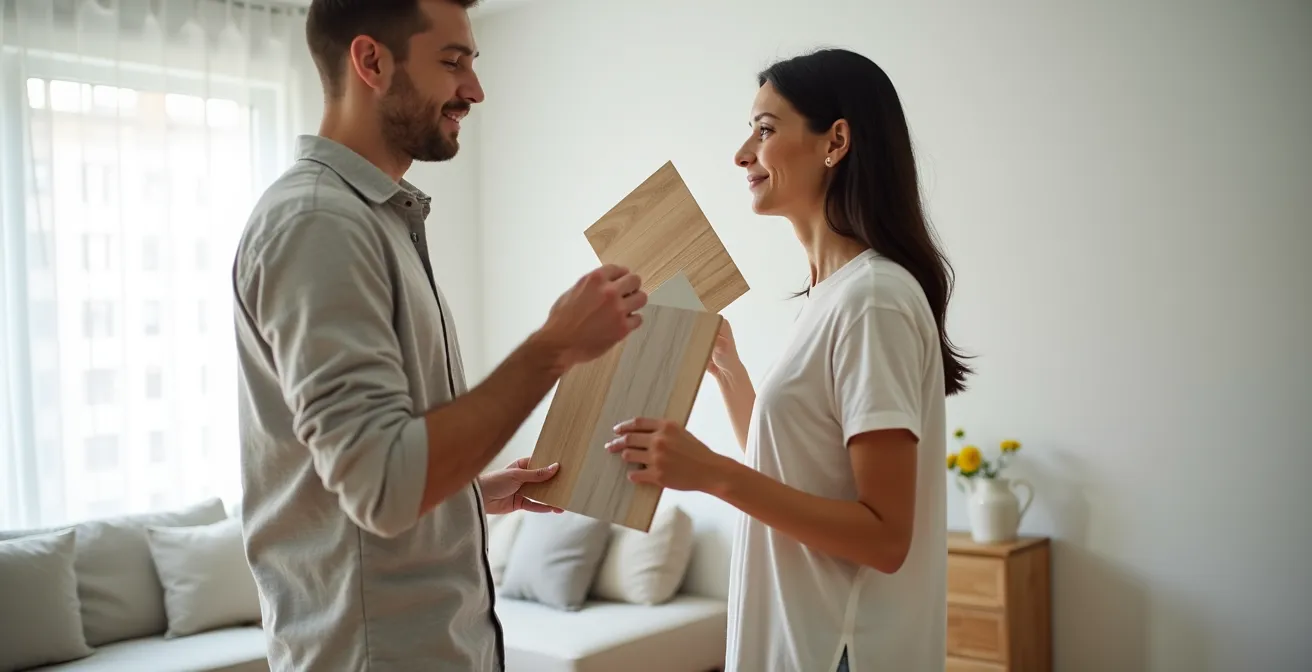 Interior minimalista con suelos de madera clara y paredes blancas, representando tendencias duraderas