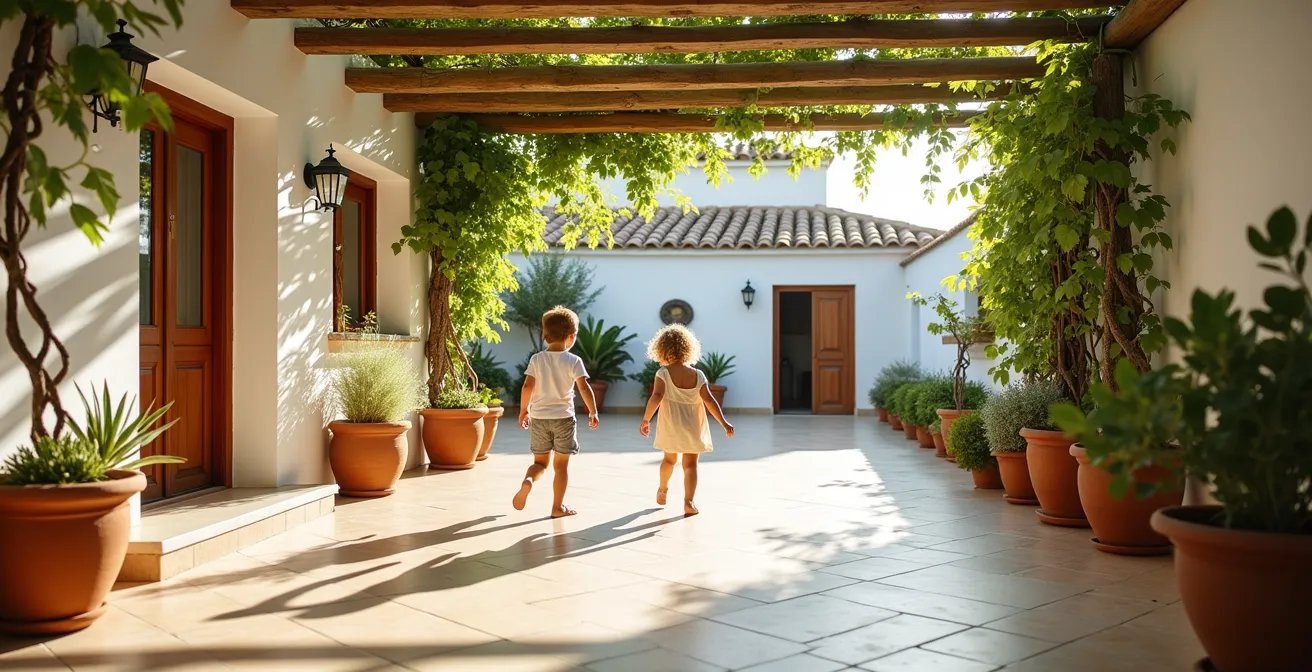 Terraza andaluza con pavimentos claros bajo pérgola de sombra