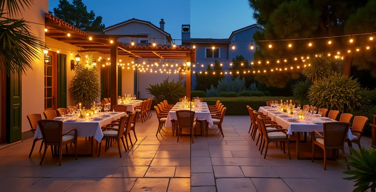 Terraza mostrando transformación de configuración íntima a fiesta