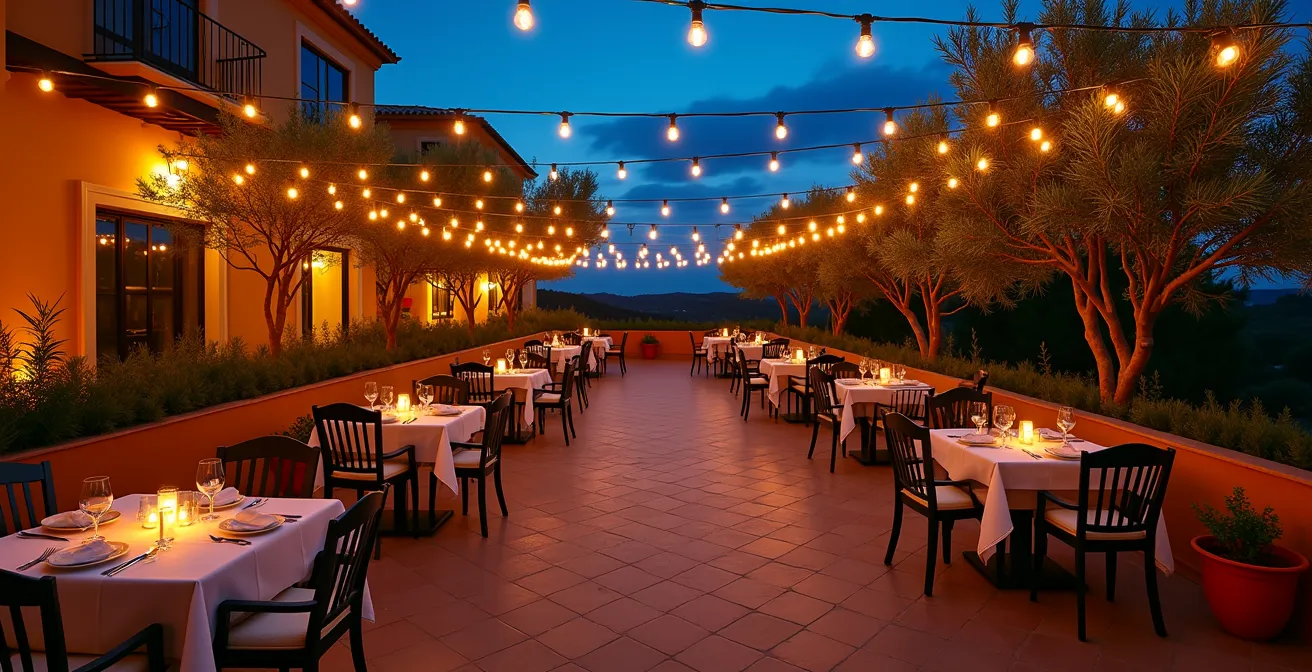 Terraza mediterránea al anochecer con guirnaldas solares creando ambiente cálido estilo restaurante boutique