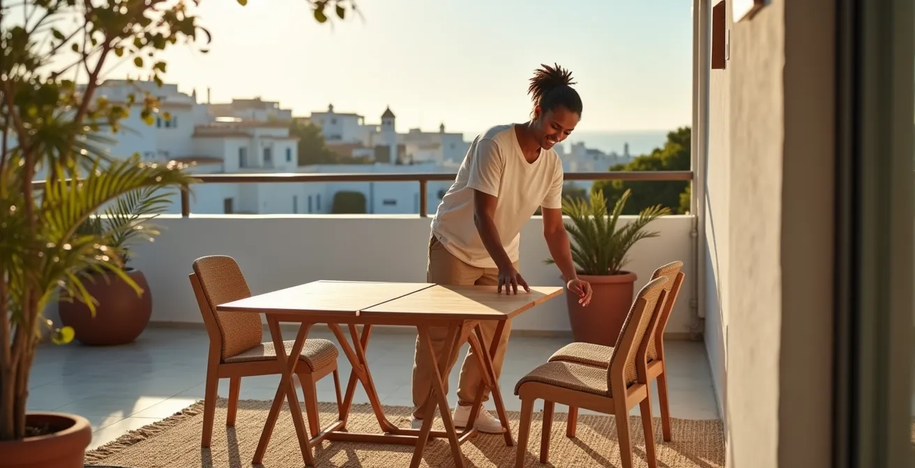 Diseño de terraza de 12 m² con zonificación funcional inteligente y mobiliario convertible