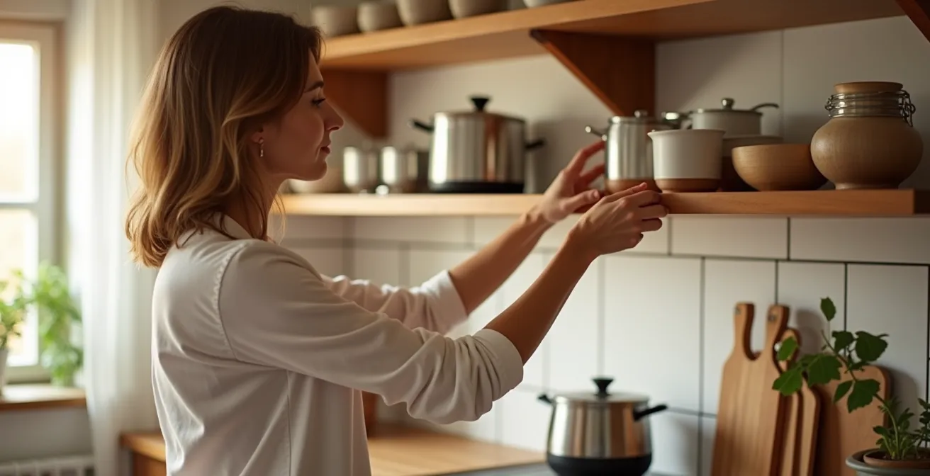 Organización ergonómica de cocina con tres zonas de alcance según altura