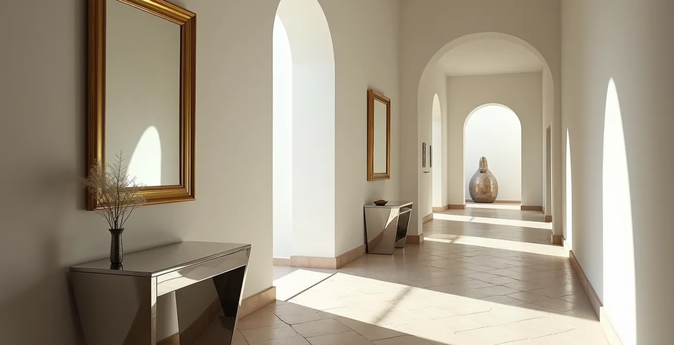 Distribución estratégica de tres elementos metálicos en un pasillo largo típico español creando rebotes de luz