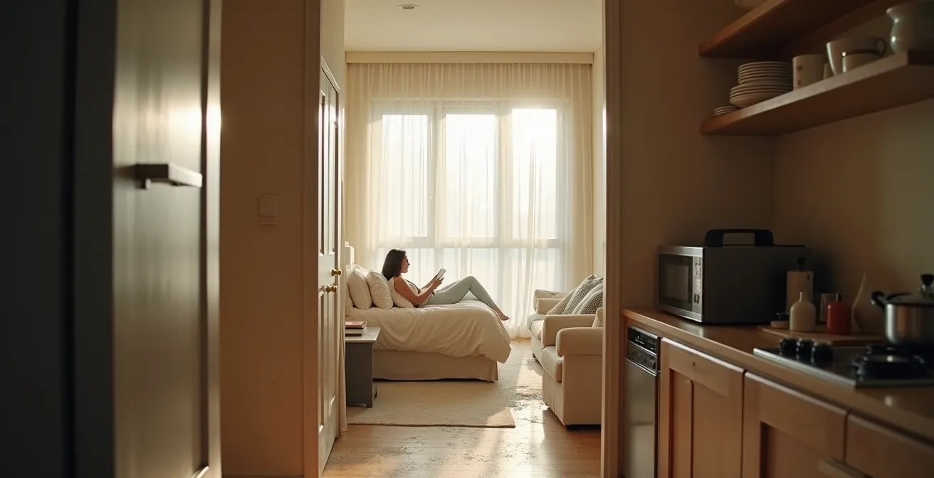 Habitación limpia y organizada separada de zona de obras con protecciones