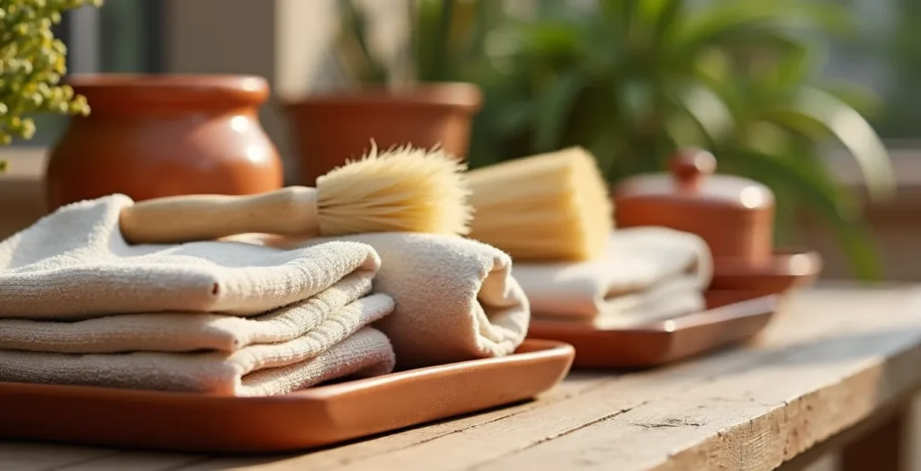 Sistema de organización con kit de limpieza exterior y bandejas apiladas